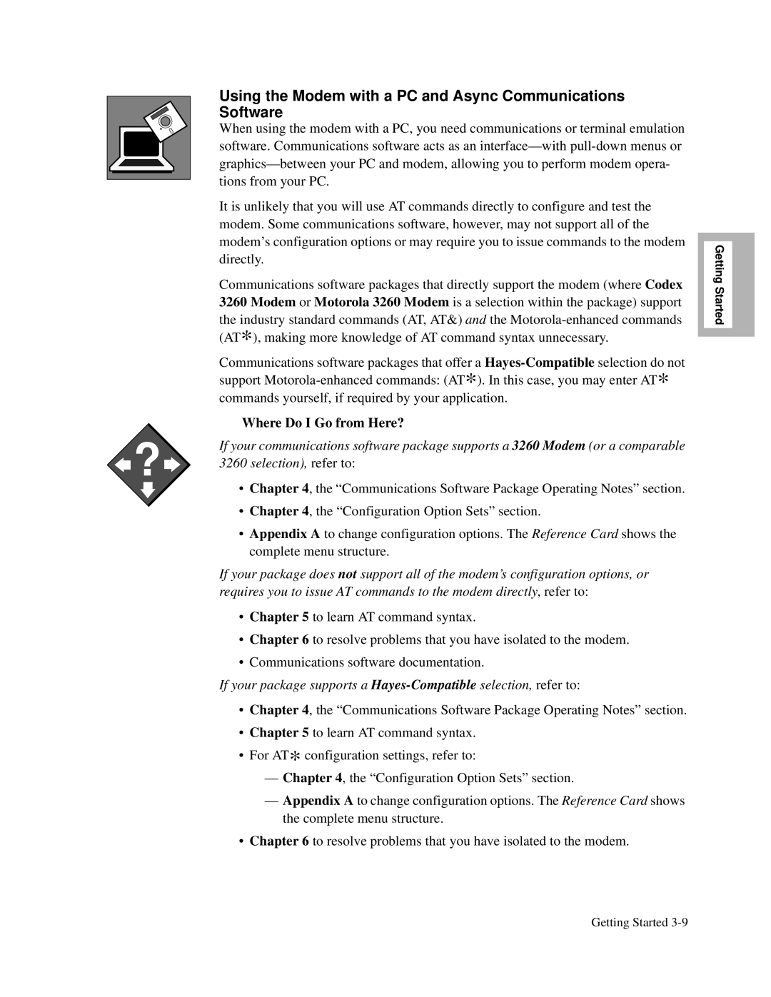 Motorola 326X V.34, and V.32bis, V.34-SDC Using the Modem with a PC and Async Communications Software, Selection, refer to 