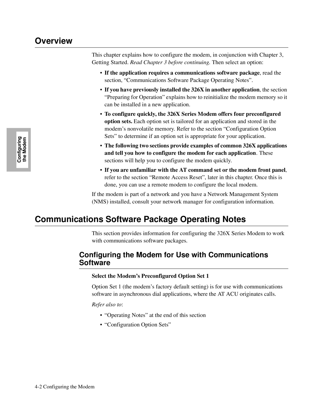 Motorola V.34-SDC, 326X V.34 Communications Software Package Operating Notes, Select the Modem’s Preconfigured Option Set 