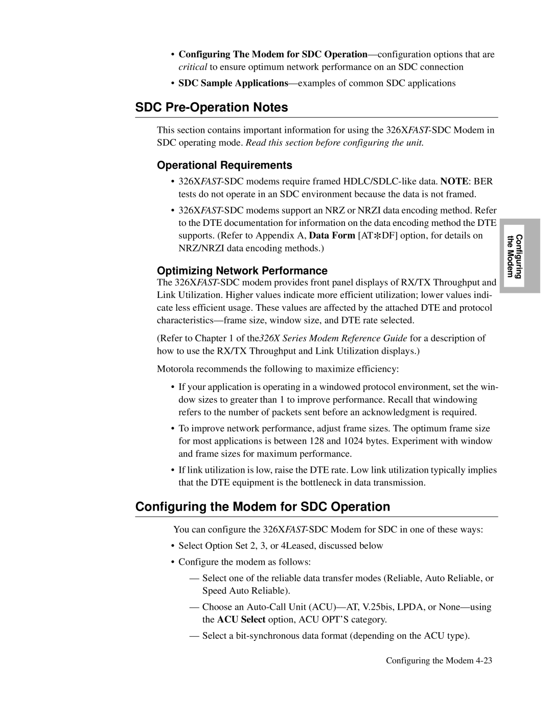 Motorola V.34-SDC, and V.32bis SDC Pre-Operation Notes, Configuring the Modem for SDC Operation, Operational Requirements 