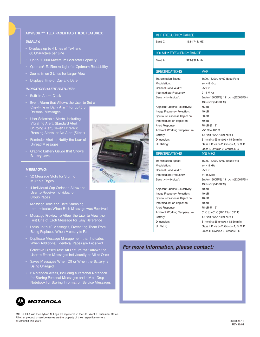 Motorola AO3DXS5862AA, AO5DXS5862AA manual For more information, please contact, VHF Frequency Range, Specifications VHF 