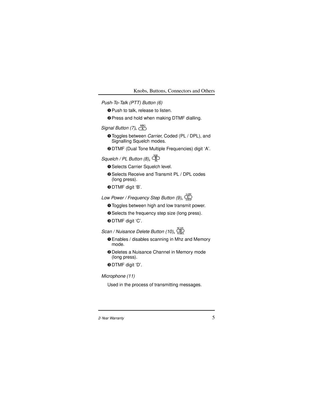 Motorola AP 73 user manual Push-To-Talk PTT Button, Signal Button, Squelch / PL Button, Low Power / Frequency Step Button 