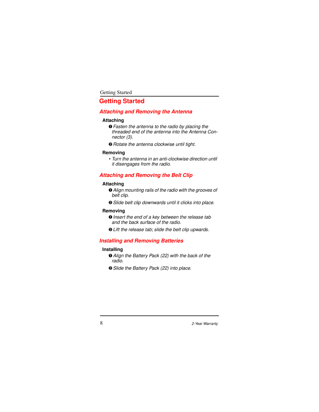 Motorola AP 73 user manual Getting Started, Attaching and Removing the Antenna, Attaching and Removing the Belt Clip 