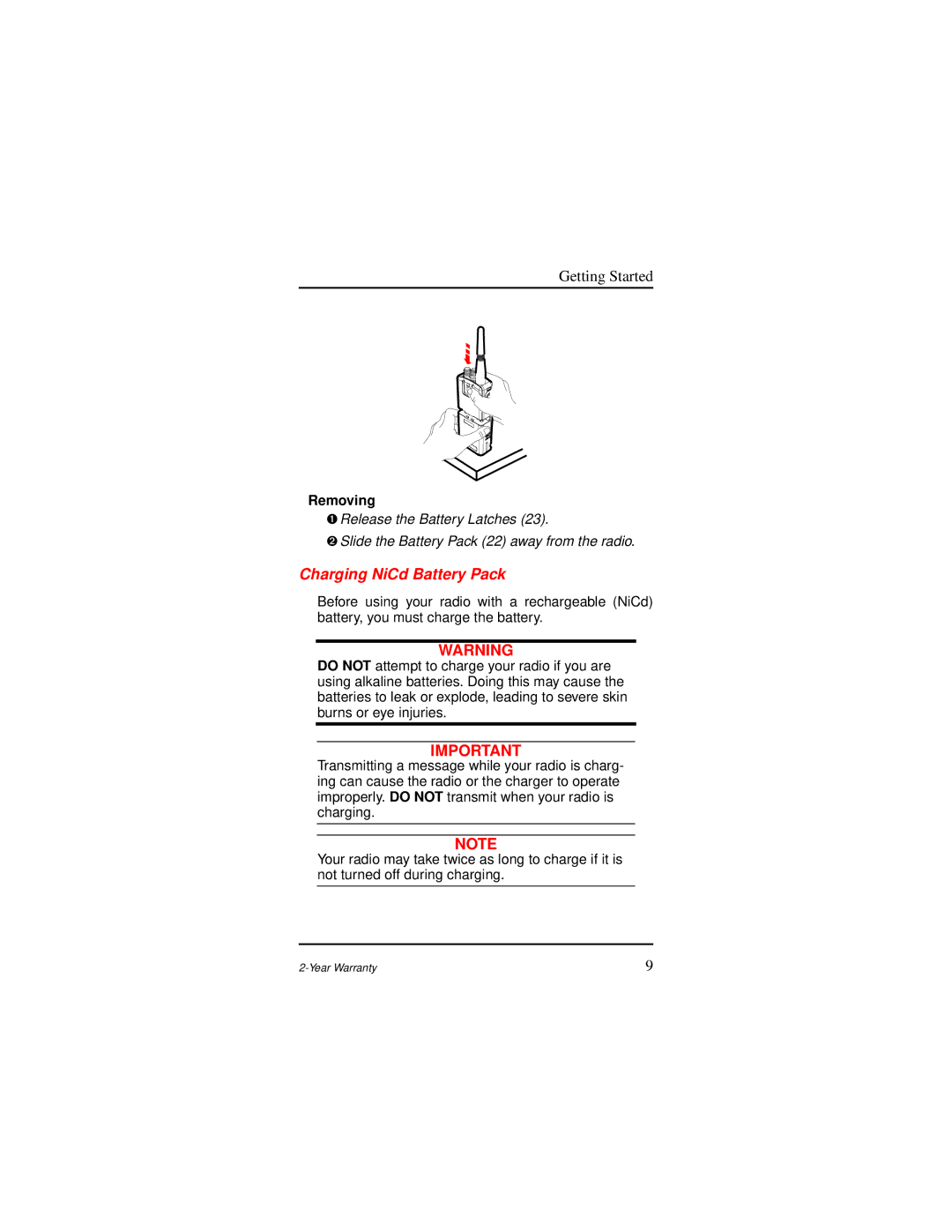 Motorola AP 73 user manual Charging NiCd Battery Pack 