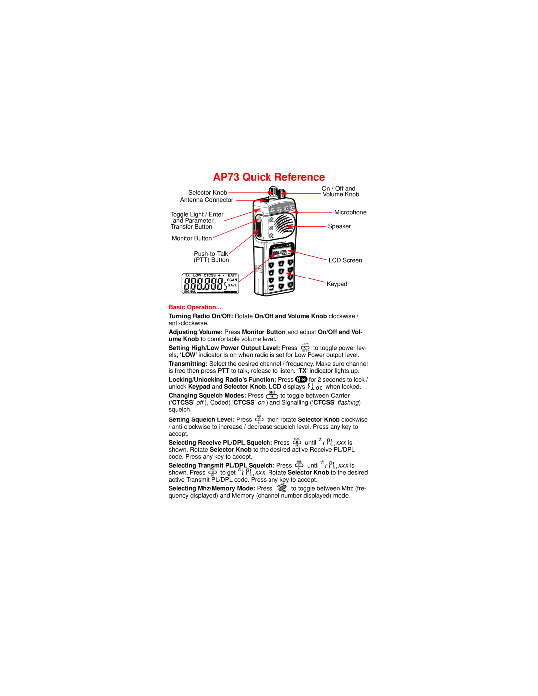 Motorola AP 73 user manual AP73 Quick Reference, Basic Operation 