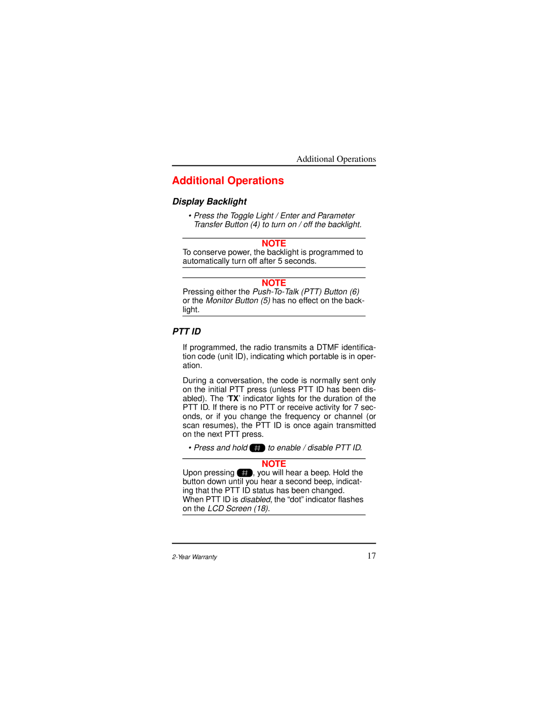 Motorola AP 73 user manual Additional Operations, Display Backlight, Press and hold to enable / disable PTT ID 