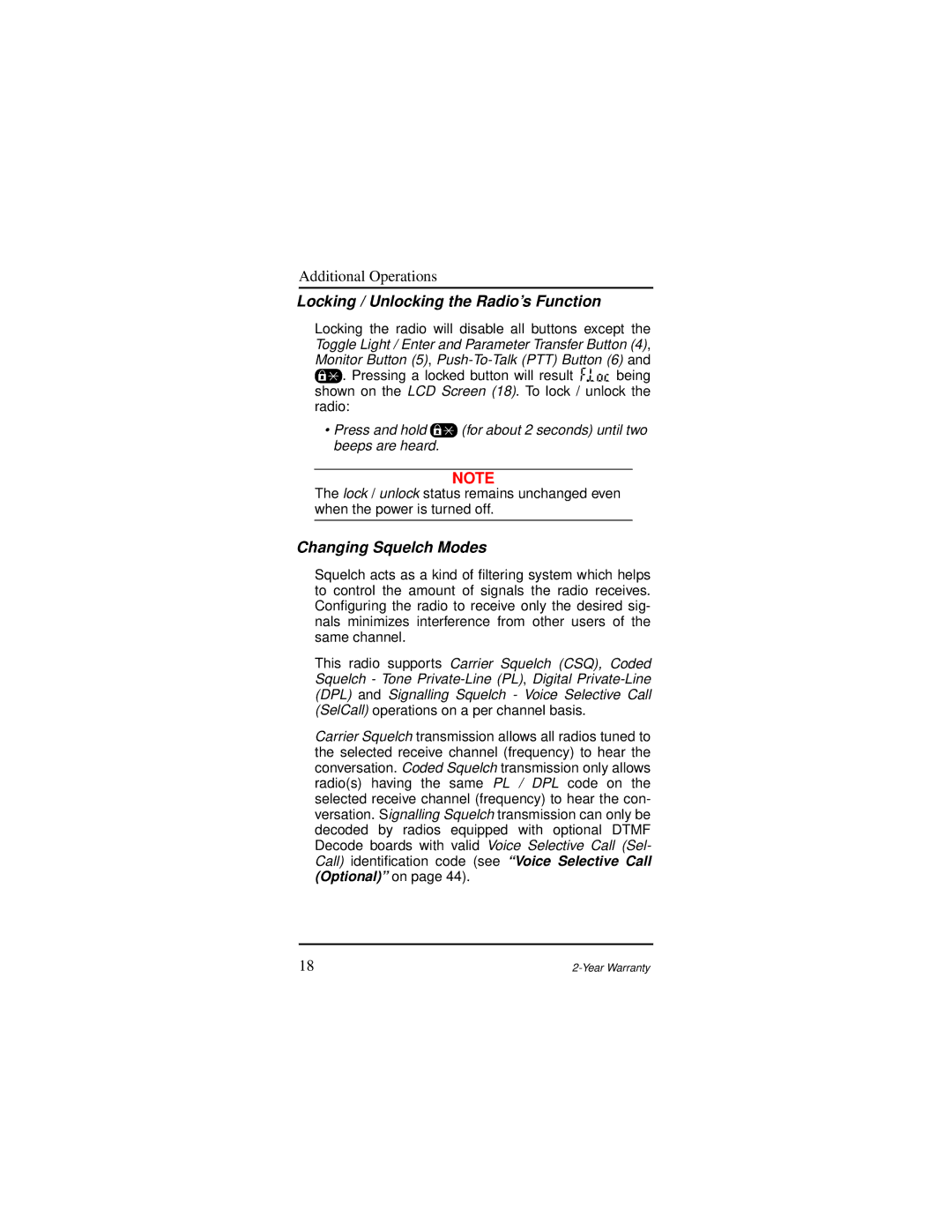 Motorola AP 73 user manual Locking / Unlocking the Radio’s Function, Changing Squelch Modes 