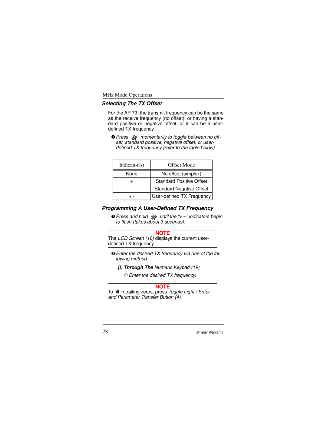 Motorola AP 73 user manual Selecting The TX Offset, Programming a User-Deﬁned TX Frequency, To ﬂash takes about 3 seconds 