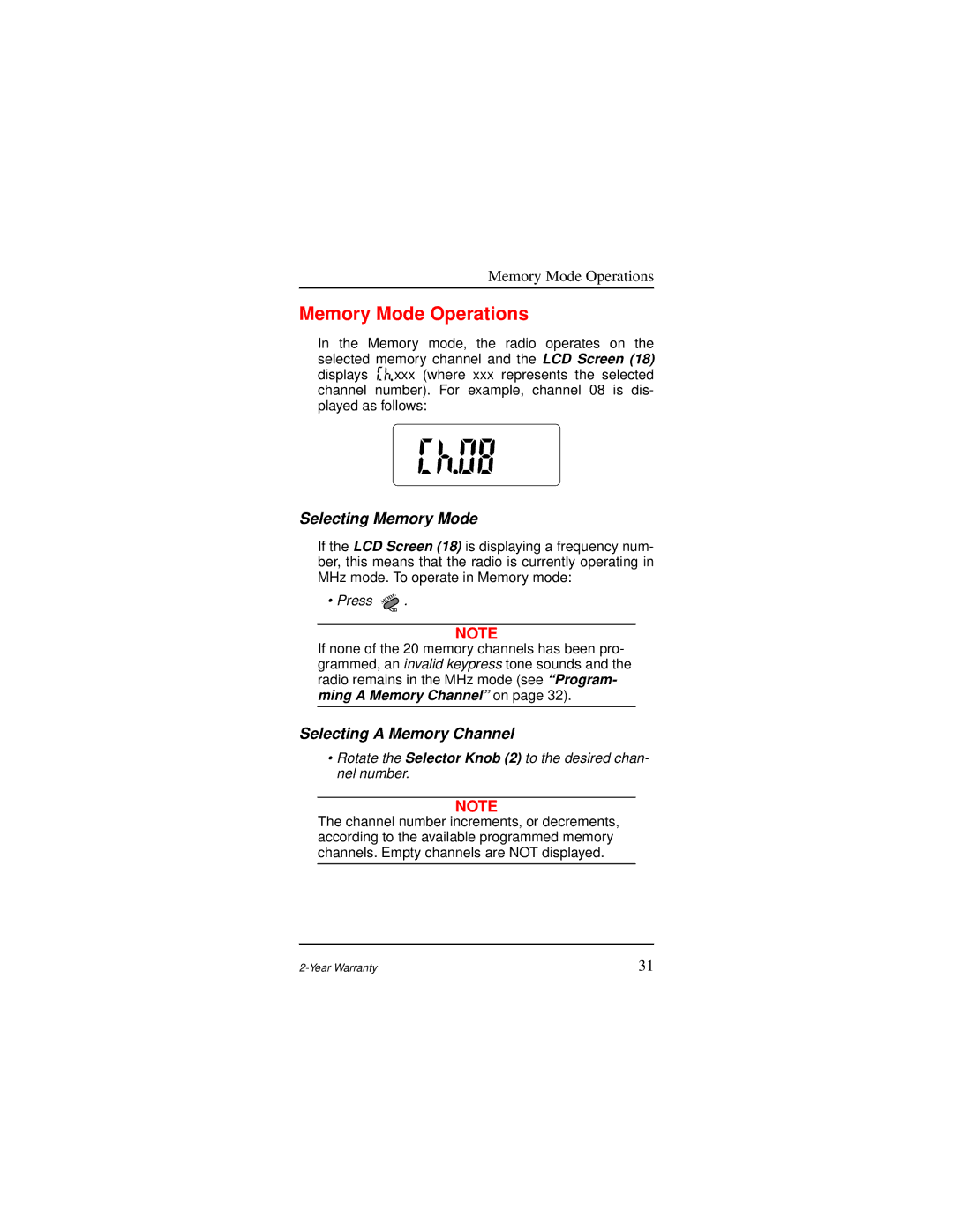 Motorola AP 73 user manual Memory Mode Operations, Selecting Memory Mode, Selecting a Memory Channel 