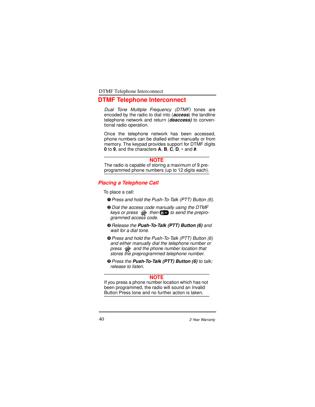 Motorola AP 73 Dtmf Telephone Interconnect, Placing a Telephone Call, Press, Stores the preprogrammed telephone number 