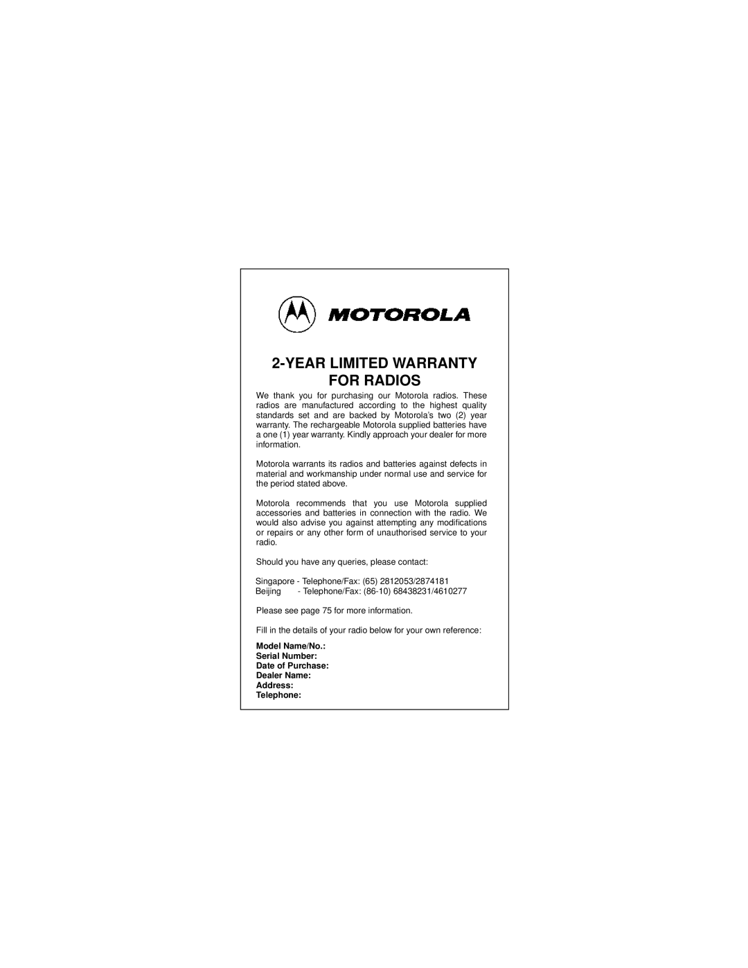 Motorola AP 73 user manual Year Limited Warranty For Radios 