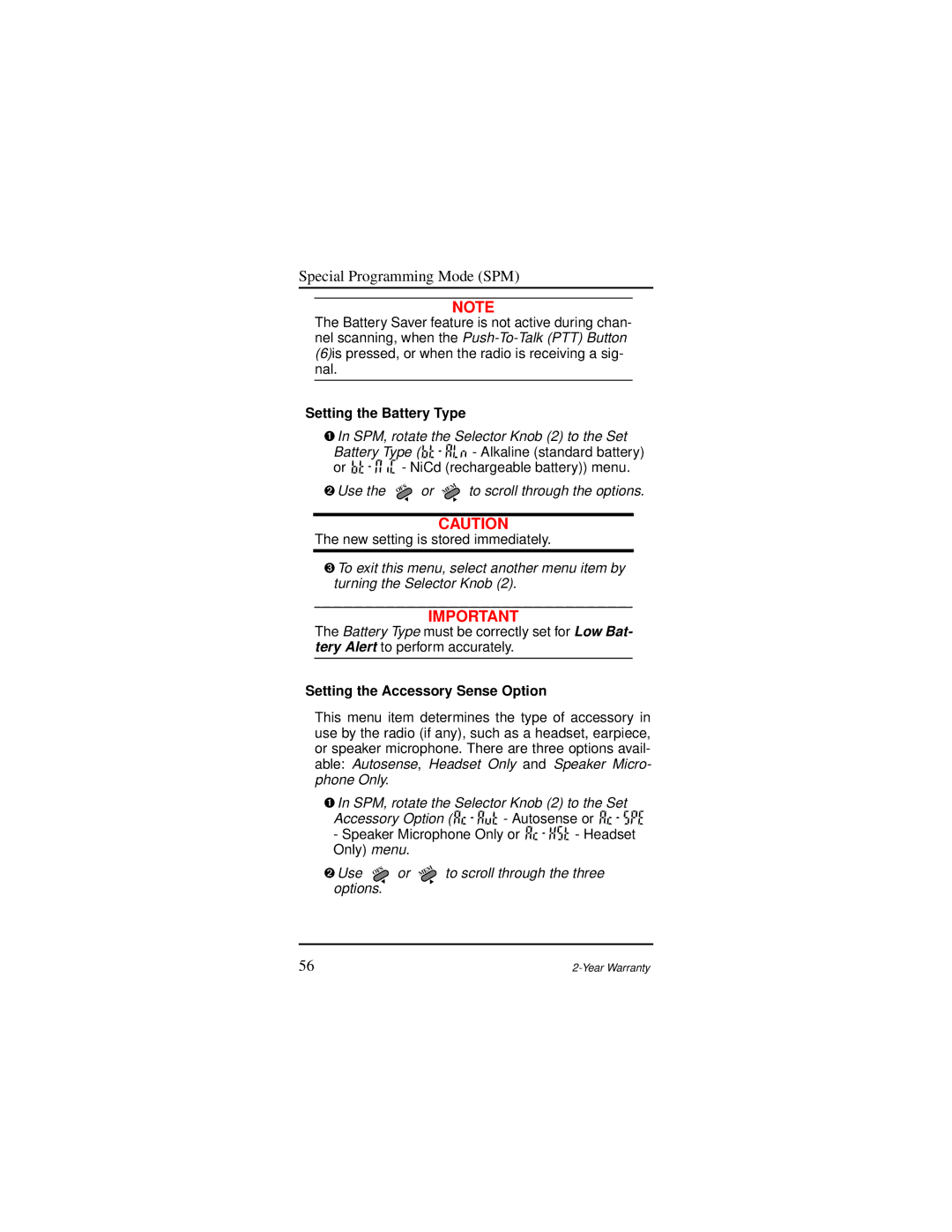 Motorola AP 73 Setting the Battery Type, ➊ In SPM, rotate the Selector Knob 2 to the Set, To scroll through the options 