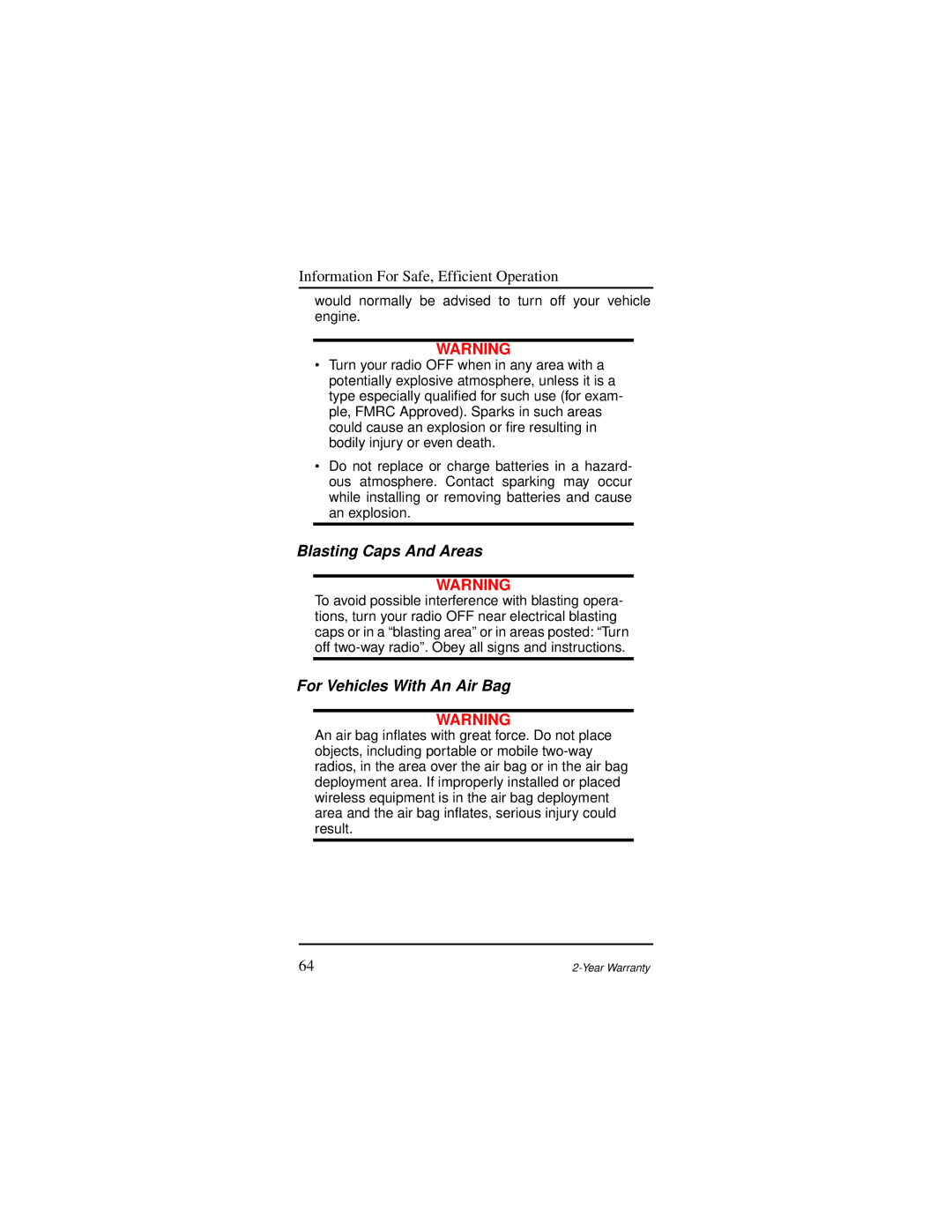 Motorola AP 73 user manual Blasting Caps And Areas, For Vehicles With An Air Bag 