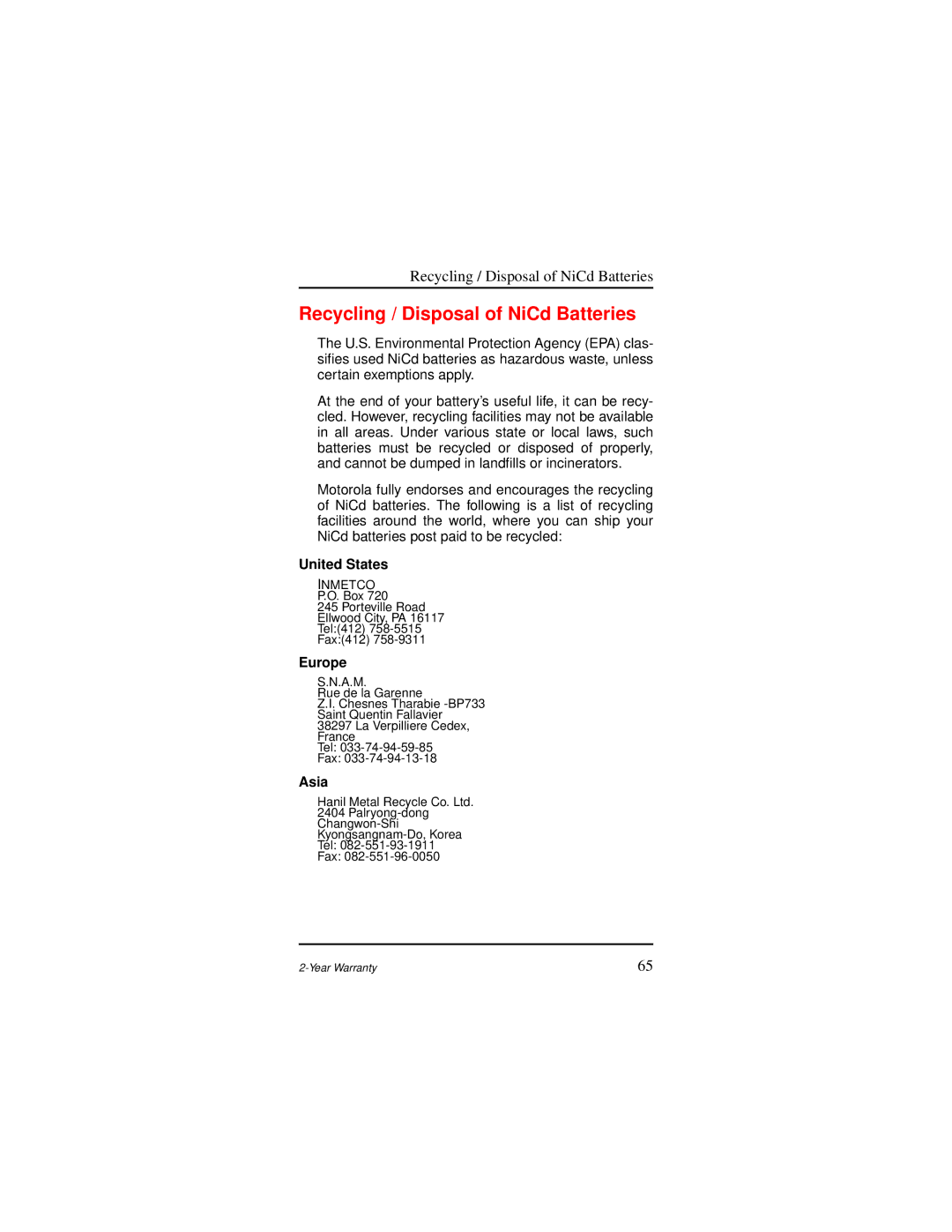 Motorola AP 73 user manual Recycling / Disposal of NiCd Batteries, United States, Europe, Asia 