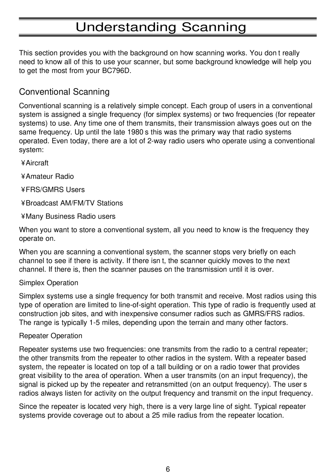 Motorola APCO25, BC796D manual Understanding Scanning, Conventional Scanning, Simplex Operation, Repeater Operation 
