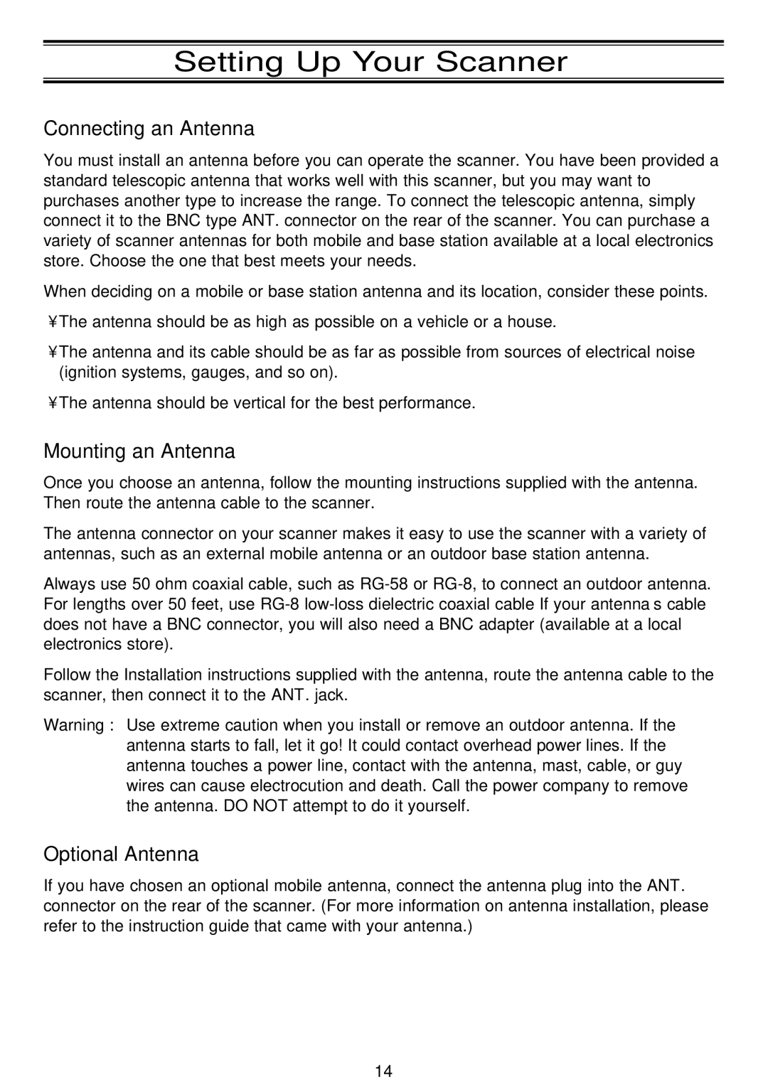 Motorola APCO25, BC796D manual Setting Up Your Scanner, Connecting an Antenna, Mounting an Antenna, Optional Antenna 