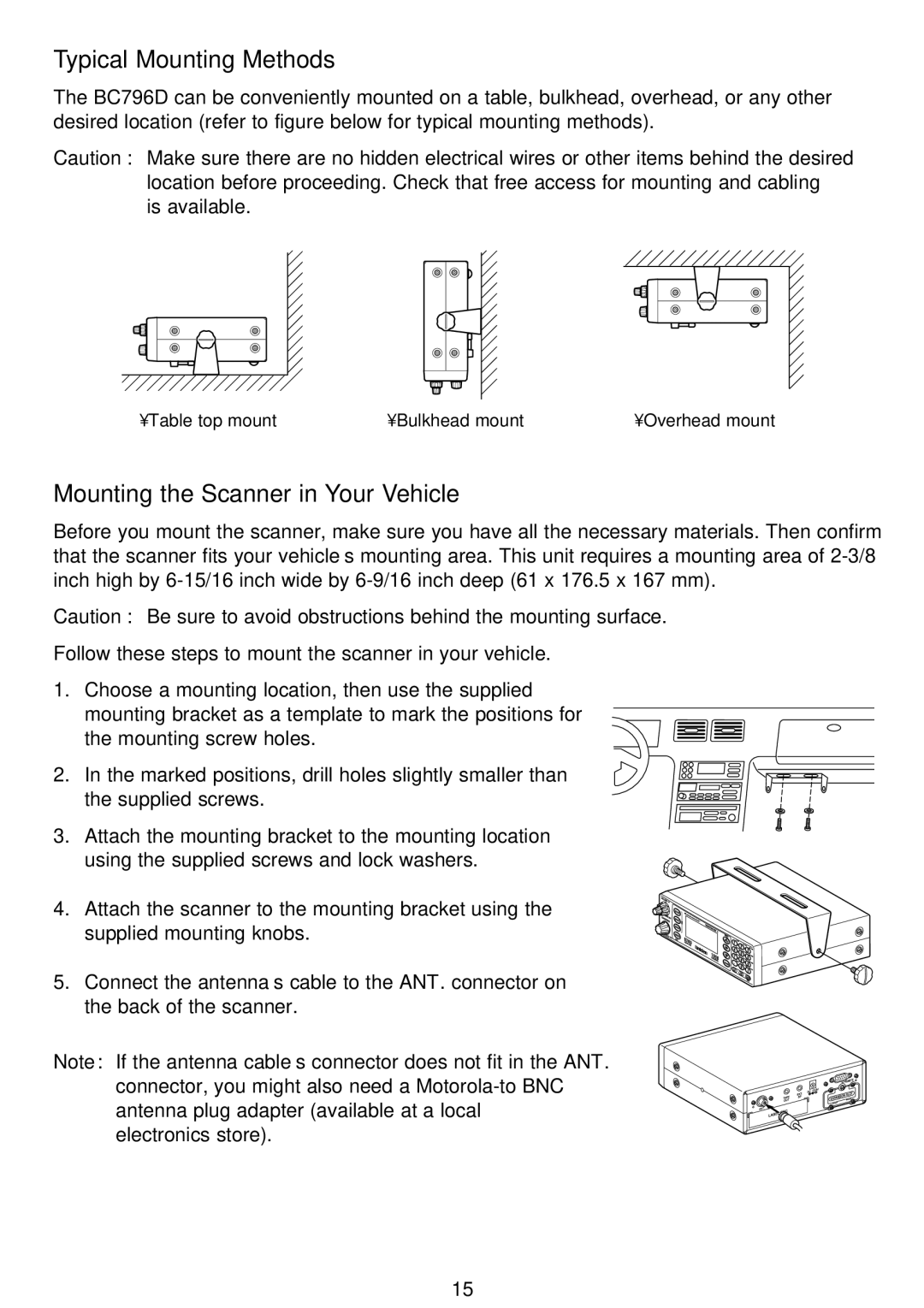 Motorola BC796D, APCO25 manual Typical Mounting Methods, Mounting the Scanner in Your Vehicle 