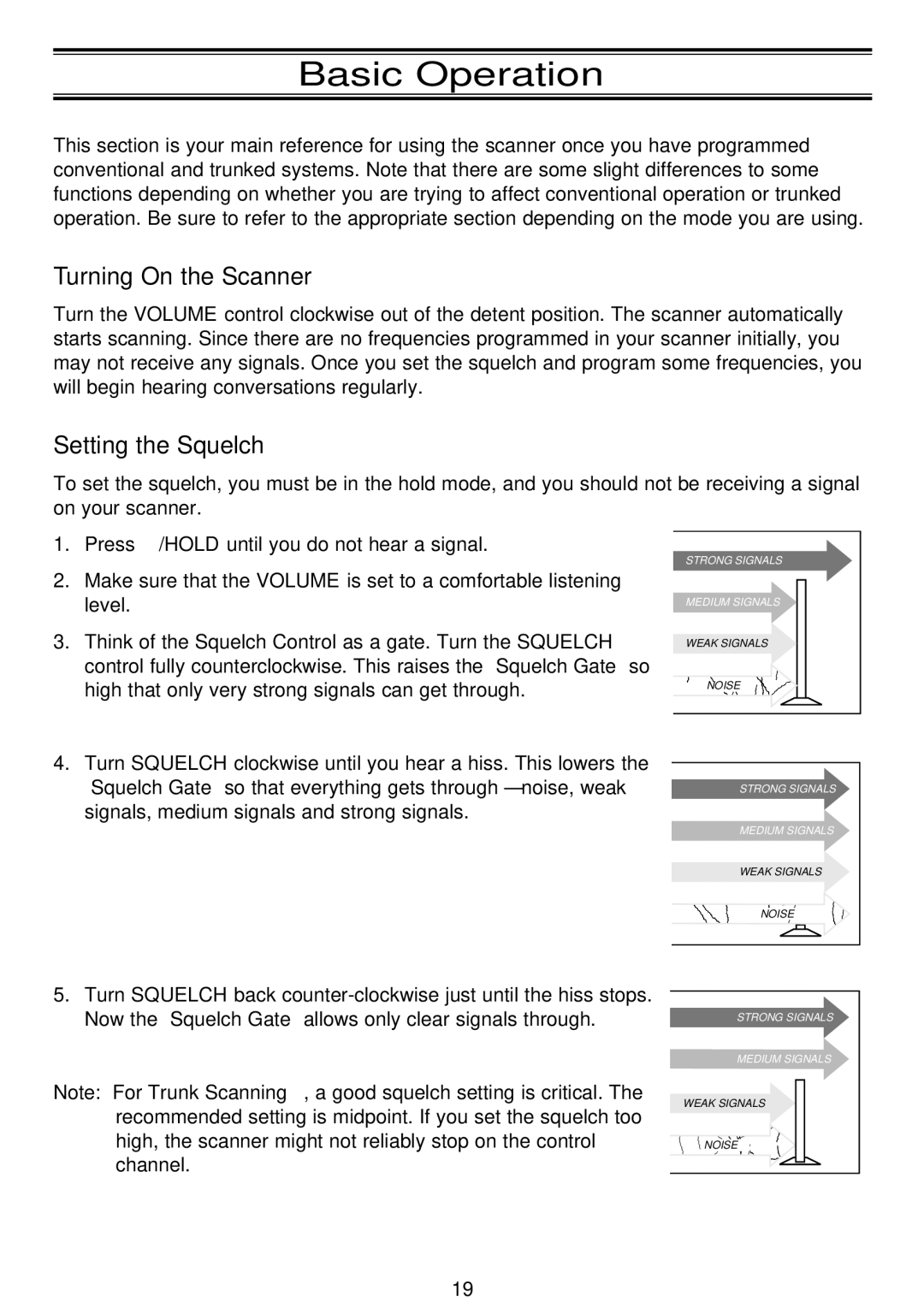 Motorola BC796D, APCO25 manual Basic Operation, Turning On the Scanner, Setting the Squelch 