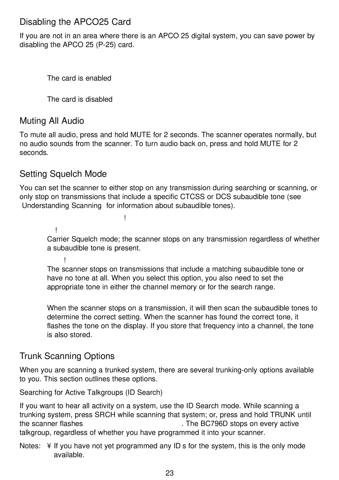 Motorola BC796D manual Disabling the APCO25 Card, Muting All Audio, Setting Squelch Mode, Trunk Scanning Options 