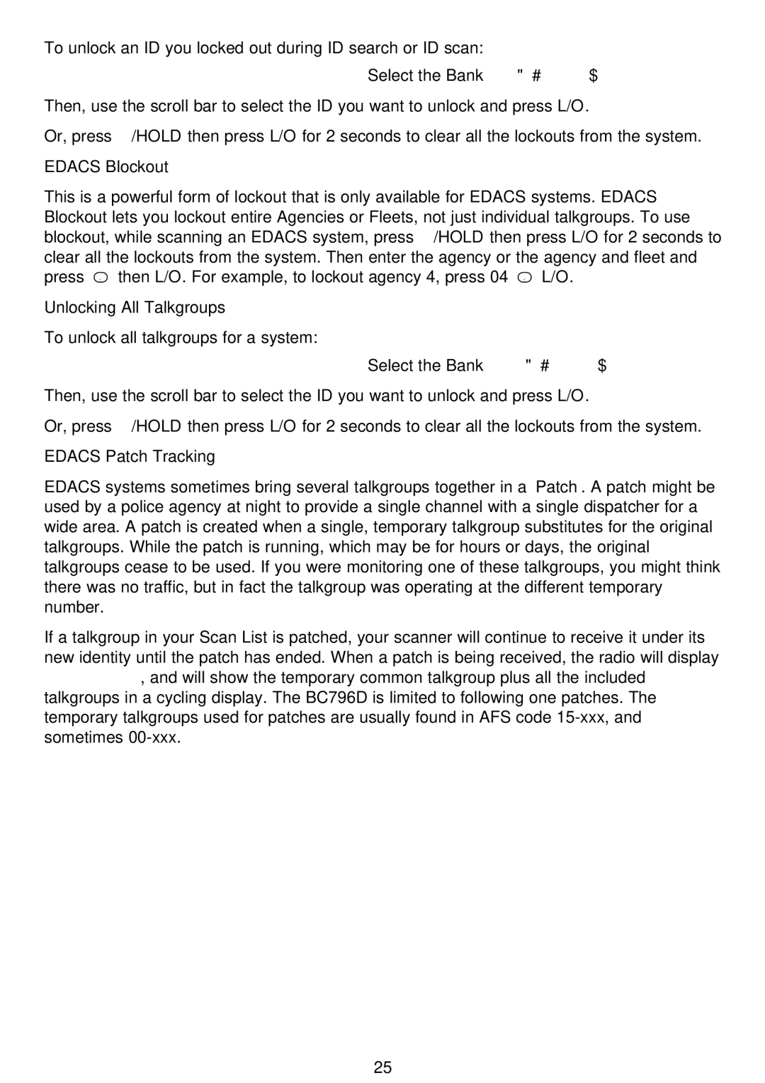 Motorola BC796D, APCO25 manual Edacs Blockout, Unlocking All Talkgroups, Edacs Patch Tracking 