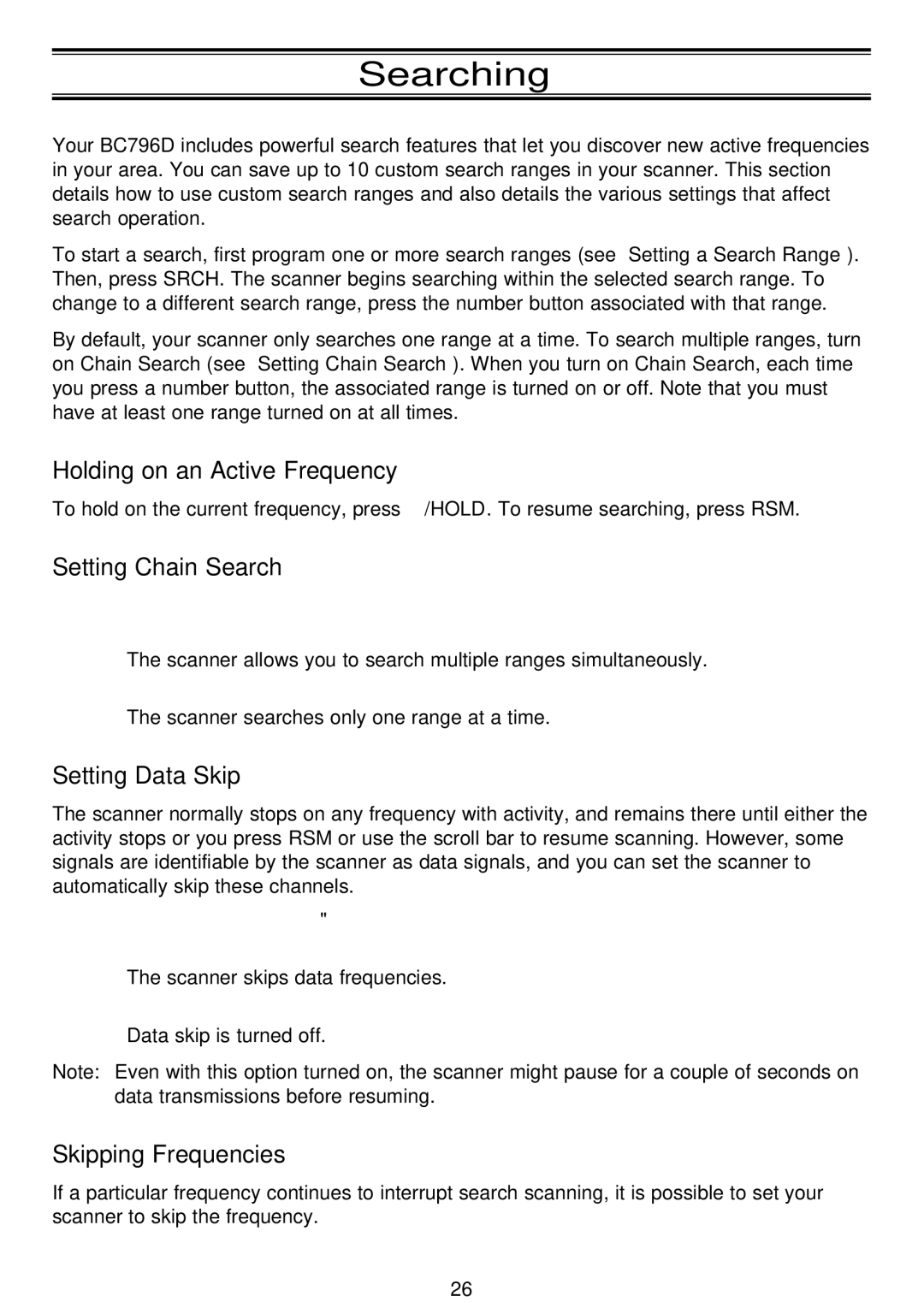 Motorola APCO25 Searching, Holding on an Active Frequency, Setting Chain Search, Setting Data Skip, Skipping Frequencies 