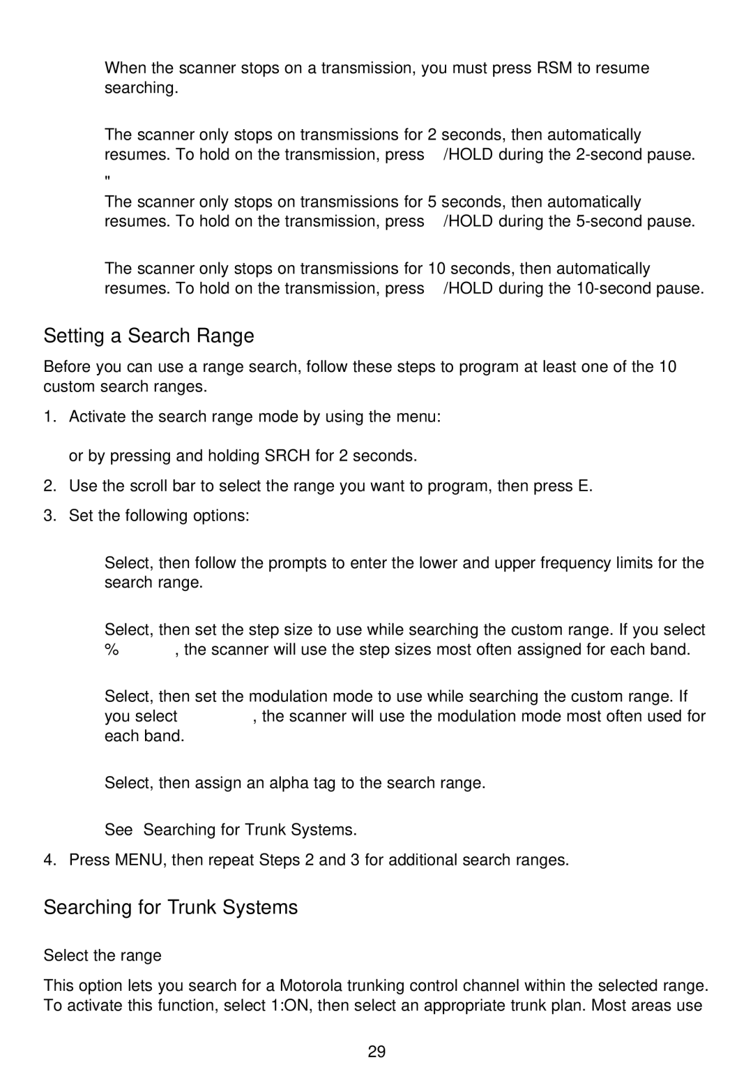 Motorola BC796D, APCO25 manual Setting a Search Range, Searching for Trunk Systems 