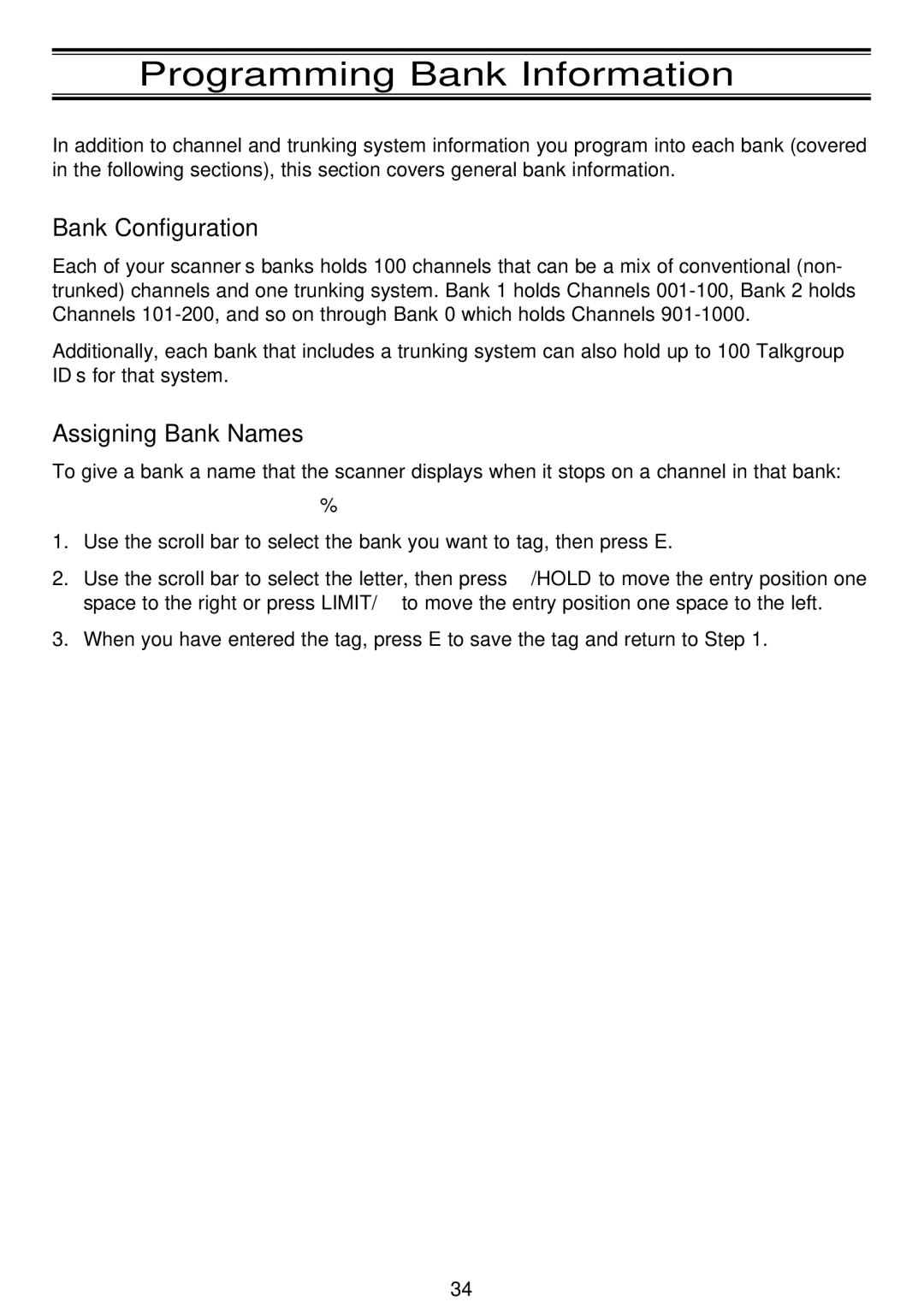 Motorola APCO25, BC796D manual Programming Bank Information, Bank Configuration, Assigning Bank Names 