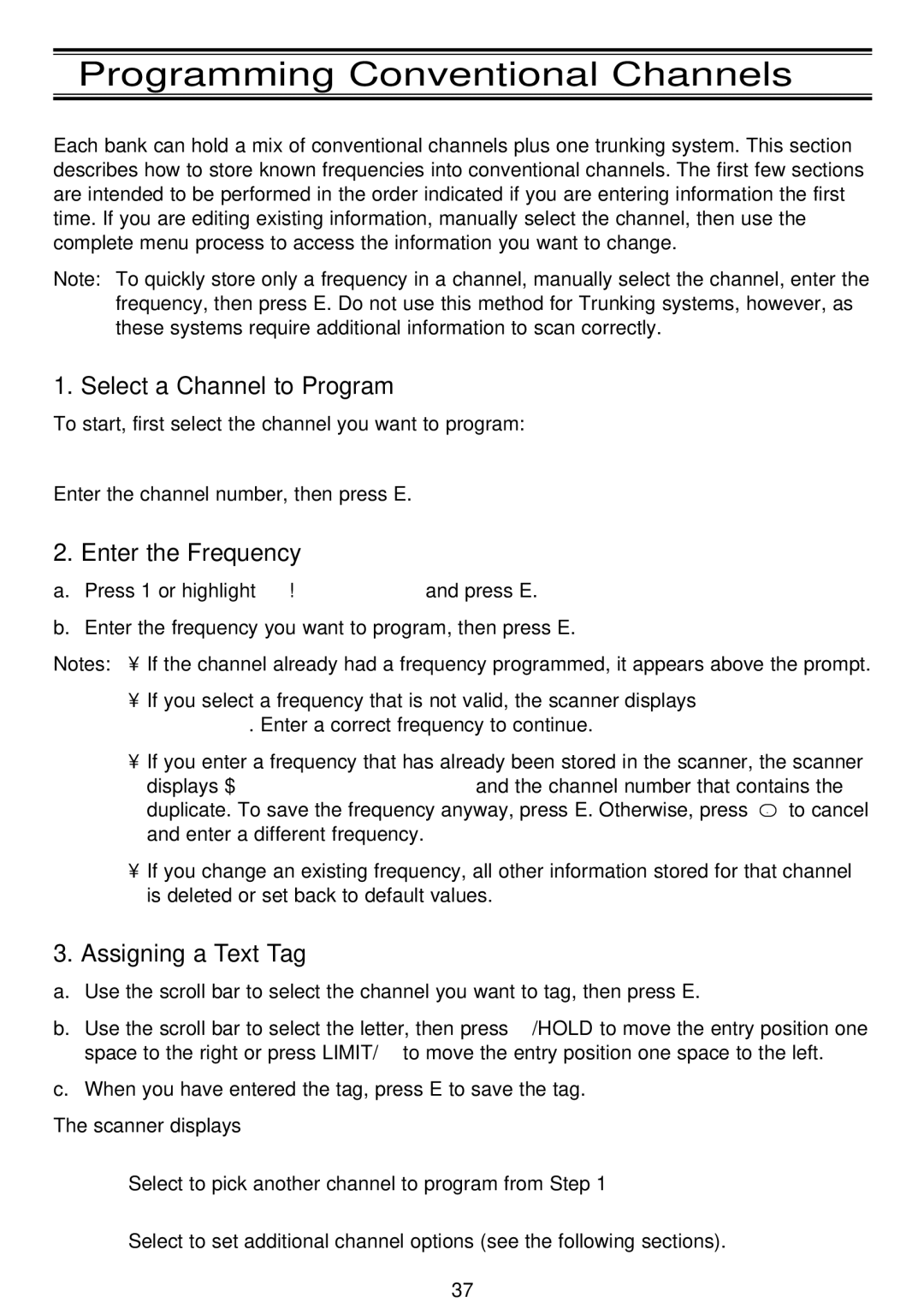 Motorola BC796D Programming Conventional Channels, Select a Channel to Program, Enter the Frequency, Assigning a Text Tag 