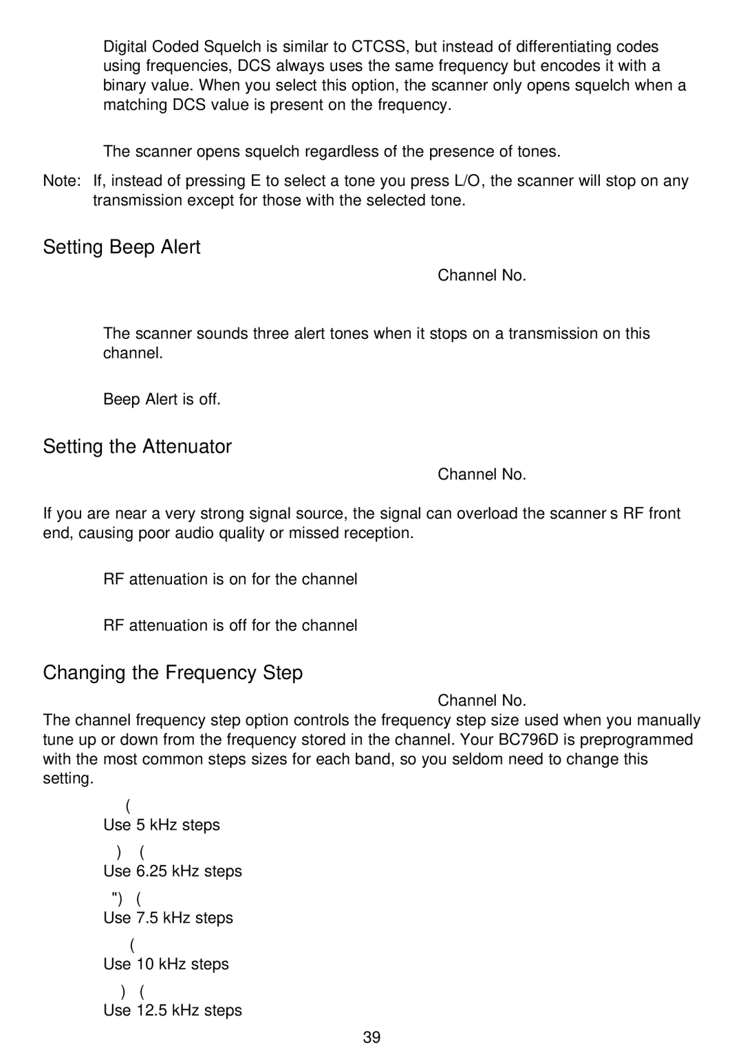 Motorola BC796D, APCO25 manual Setting Beep Alert, Setting the Attenuator, Changing the Frequency Step 