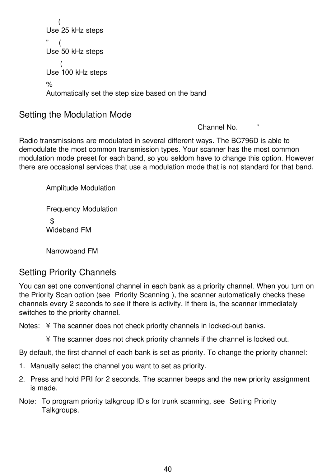 Motorola APCO25, BC796D manual Setting the Modulation Mode, Setting Priority Channels 