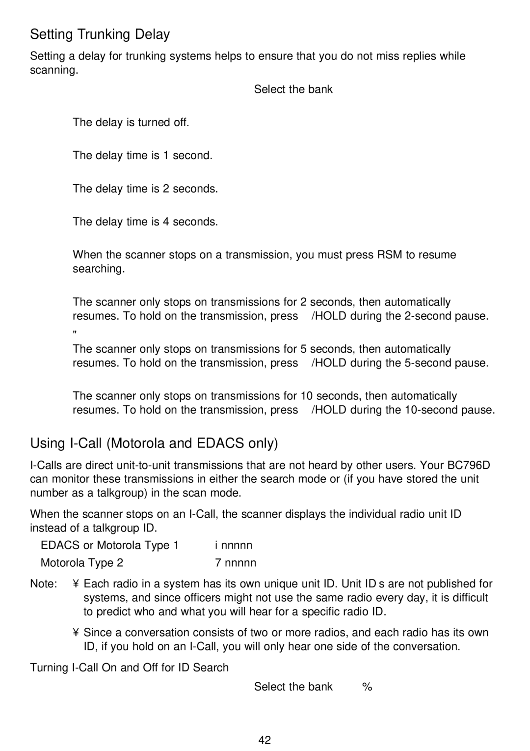 Motorola APCO25 Setting Trunking Delay, Using I-Call Motorola and Edacs only, Turning I-Call On and Off for ID Search 