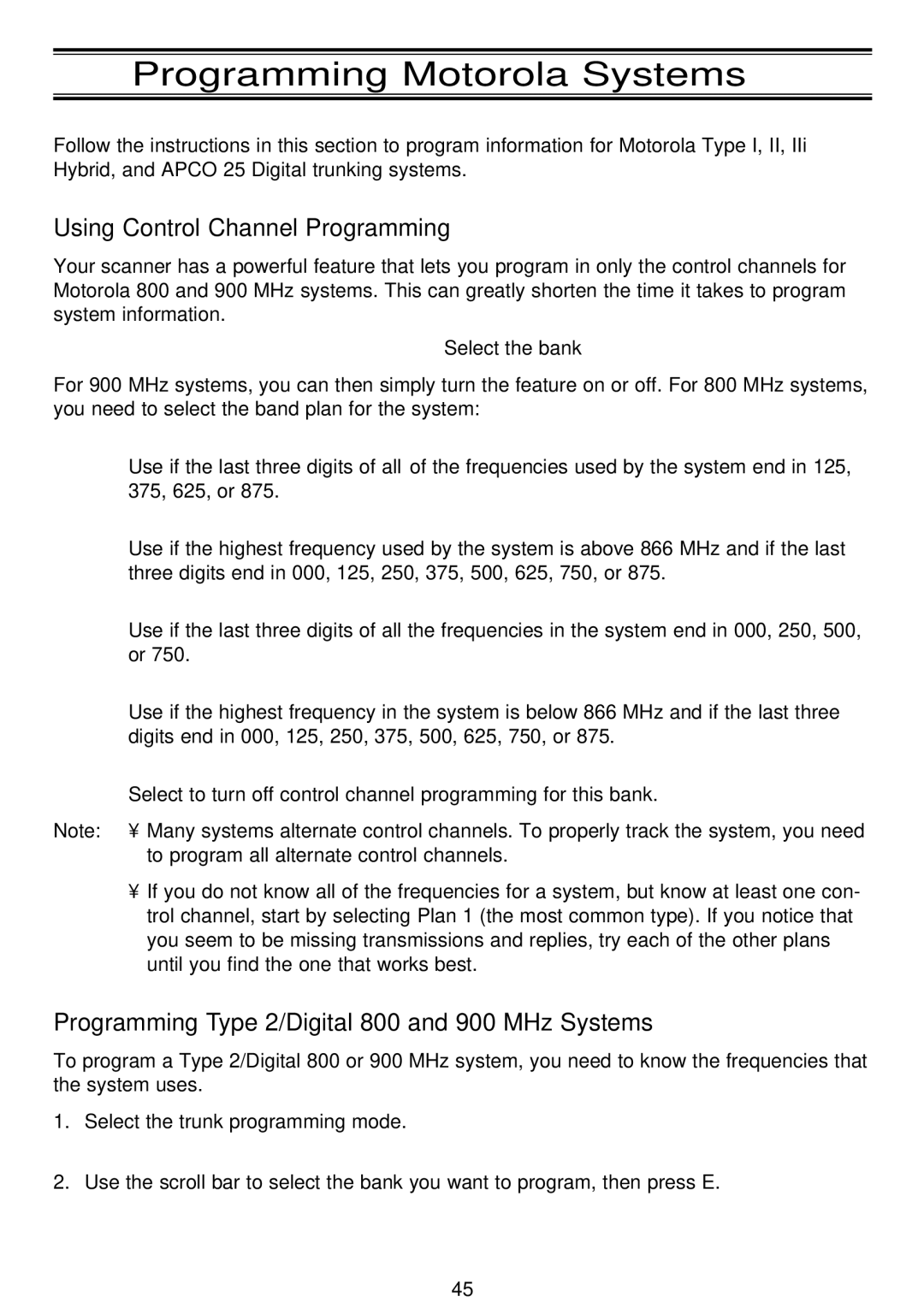 Motorola BC796D, APCO25 manual Programming Motorola Systems, Using Control Channel Programming 