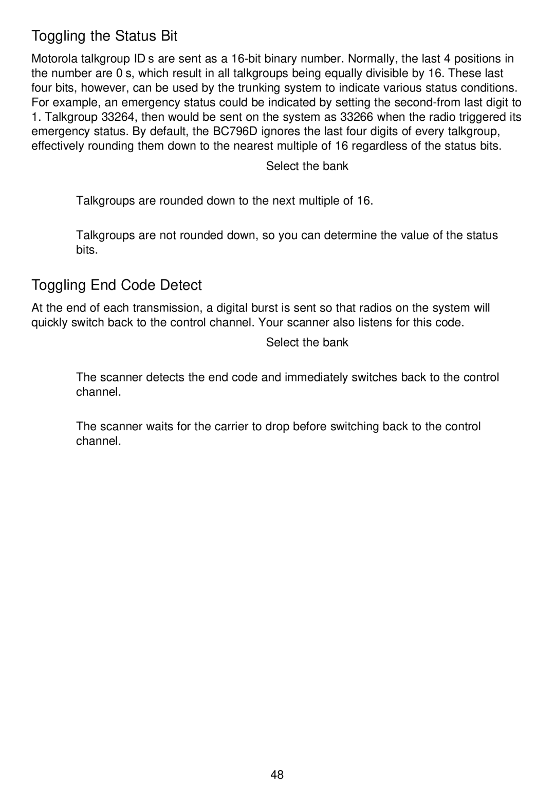 Motorola APCO25, BC796D manual Toggling the Status Bit, Toggling End Code Detect 