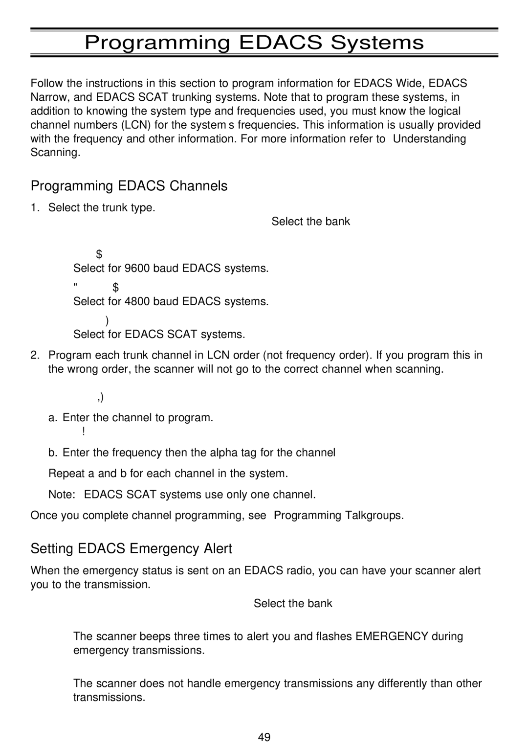 Motorola BC796D, APCO25 manual Programming Edacs Systems, Programming Edacs Channels, Setting Edacs Emergency Alert 