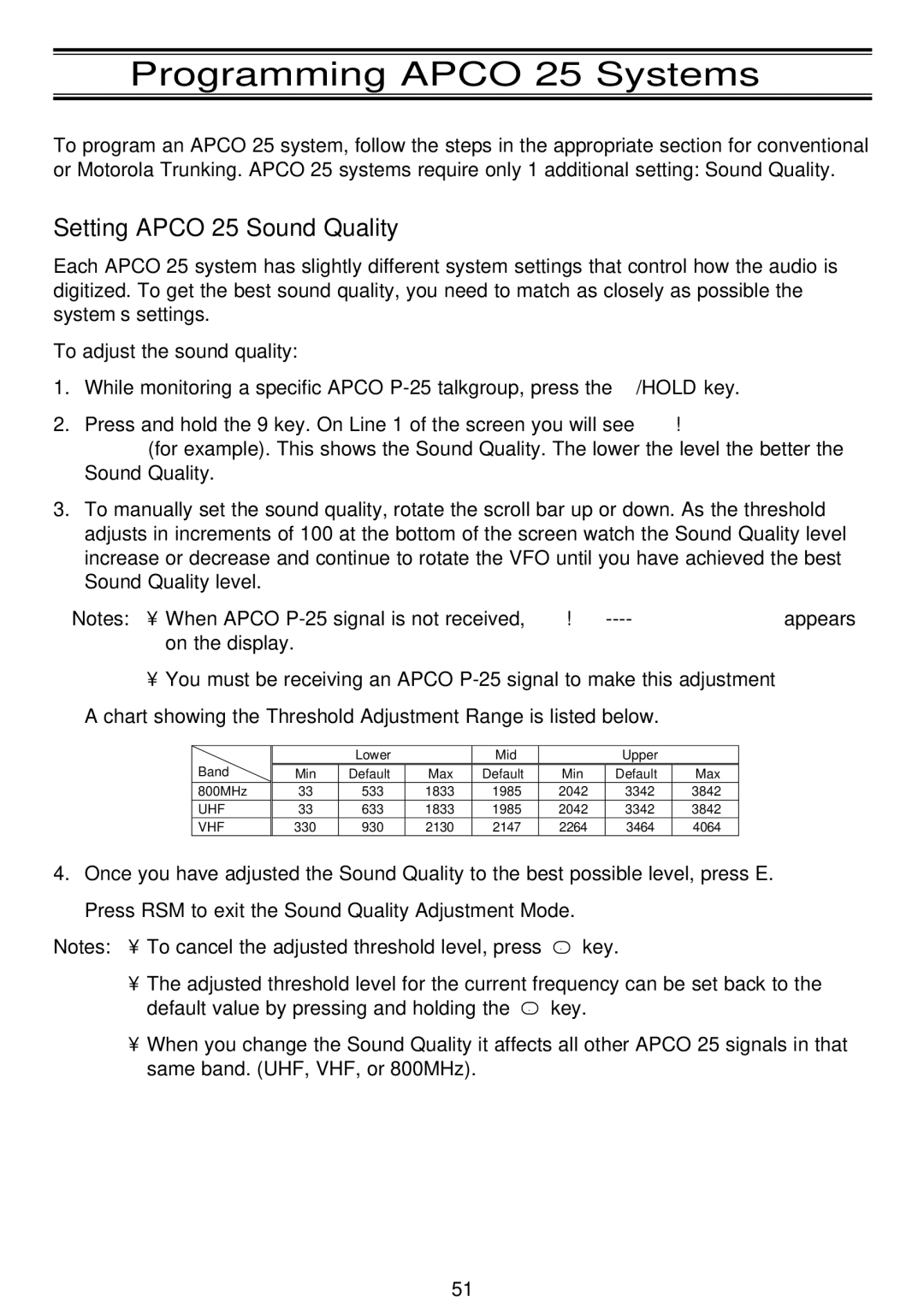 Motorola BC796D, APCO25 manual Programming Apco 25 Systems, Setting Apco 25 Sound Quality 