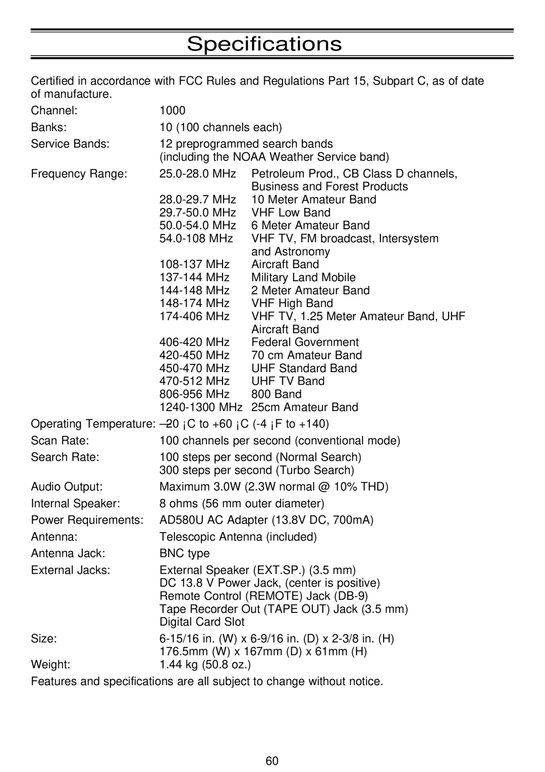 Motorola APCO25, BC796D manual Specifications 