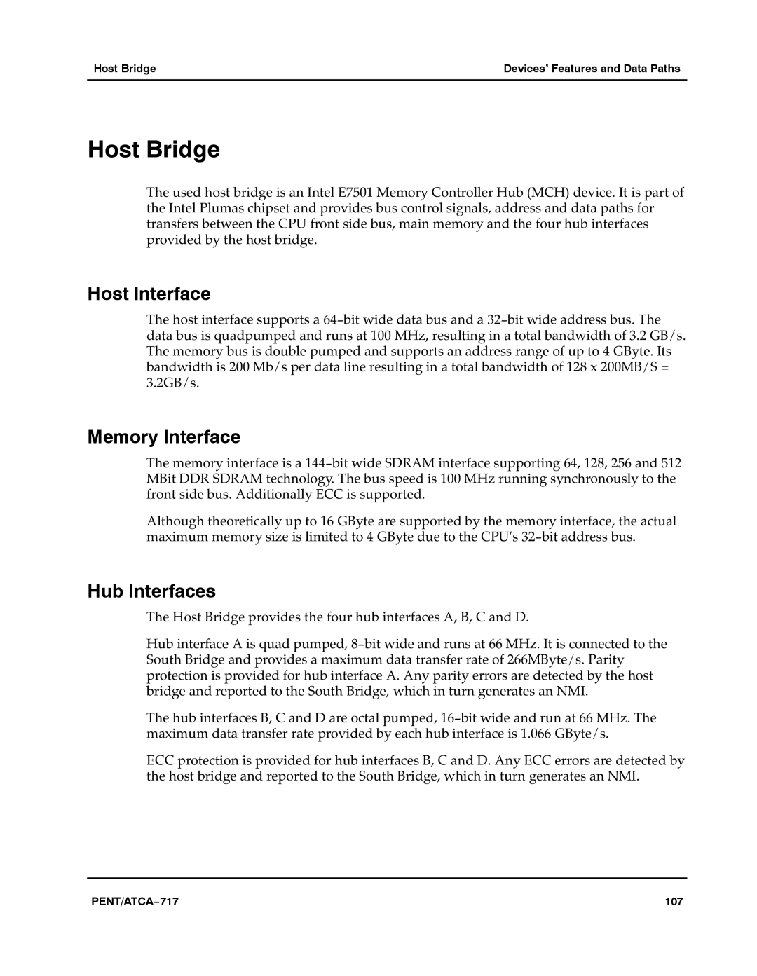 Motorola ATCA-717 manual Host Bridge, Host Interface, Memory Interface, Hub Interfaces 