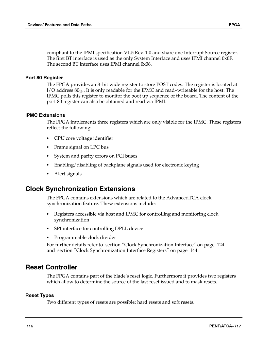 Motorola ATCA-717 manual Clock Synchronization Extensions, Reset Controller, Port 80 Register, Ipmc Extensions, Reset Types 