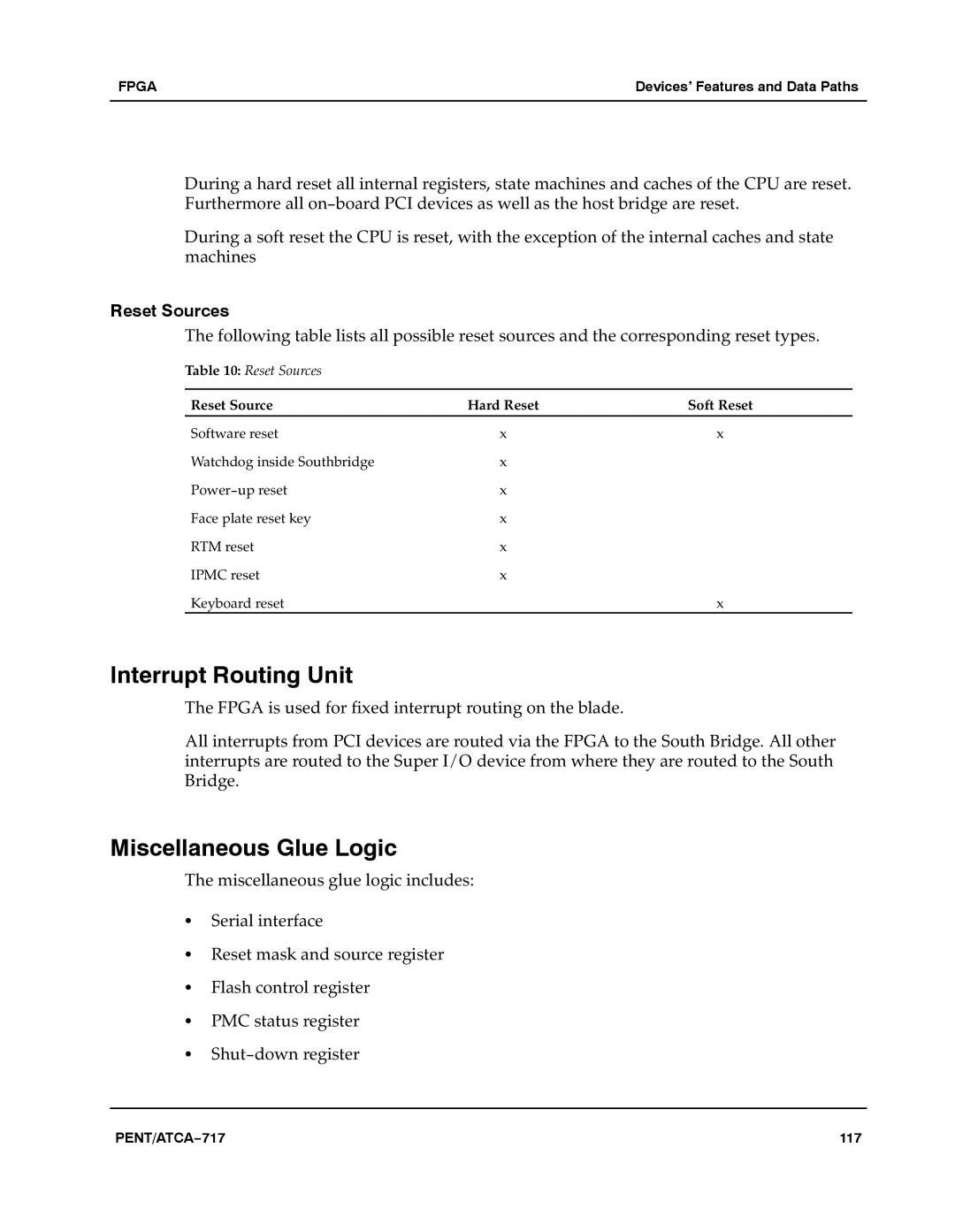 Motorola ATCA-717 manual Interrupt Routing Unit, Miscellaneous Glue Logic, Reset Sources 