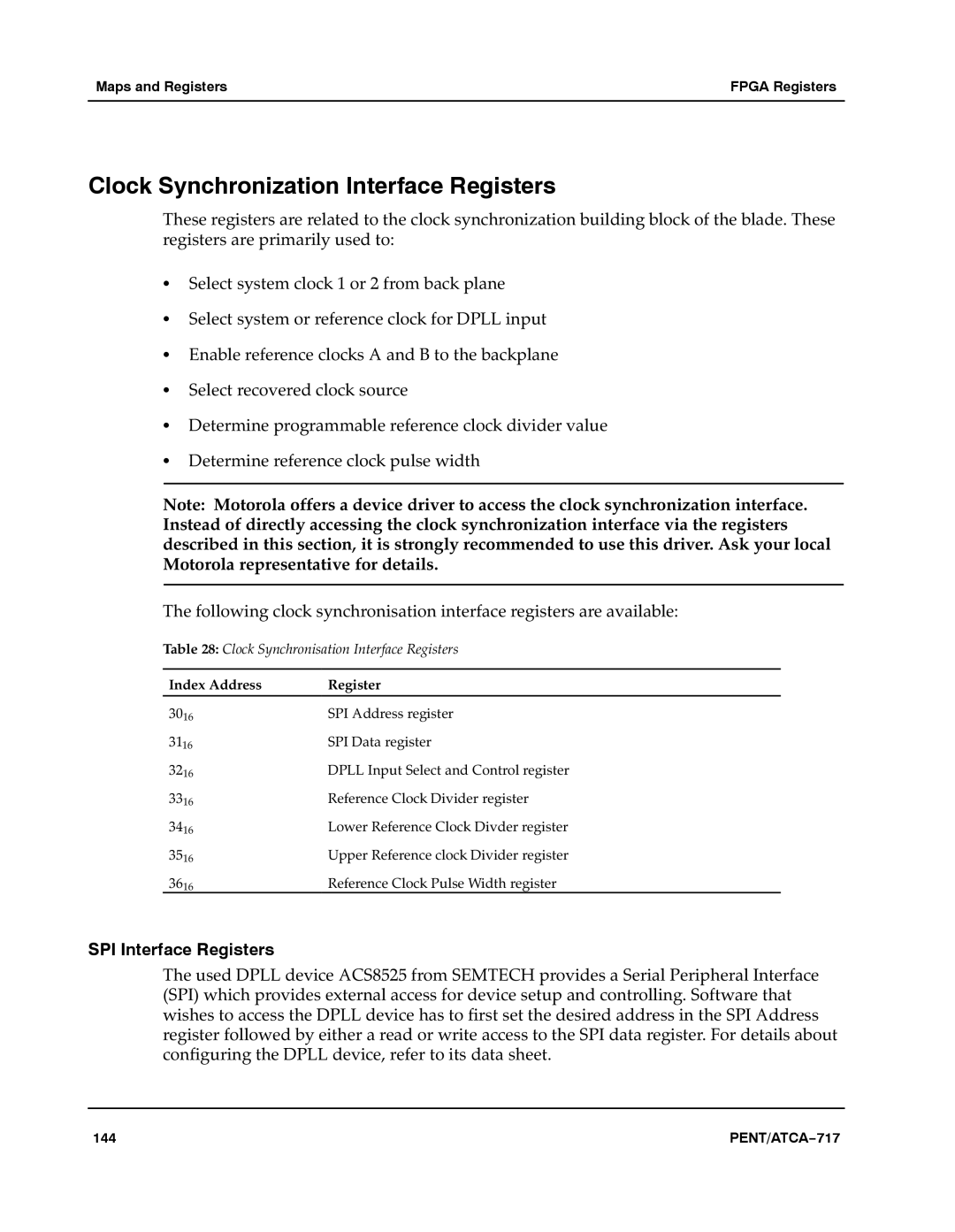 Motorola ATCA-717 manual Clock Synchronization Interface Registers, SPI Interface Registers 