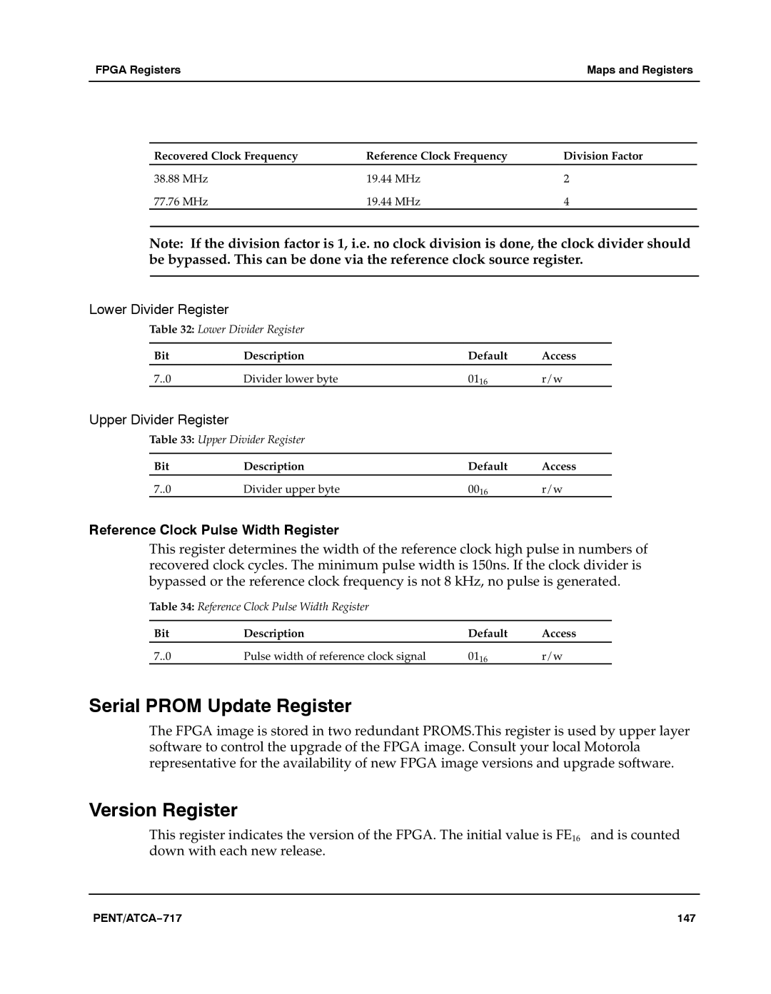 Motorola ATCA-717 manual Serial Prom Update Register, Version Register, Reference Clock Pulse Width Register 