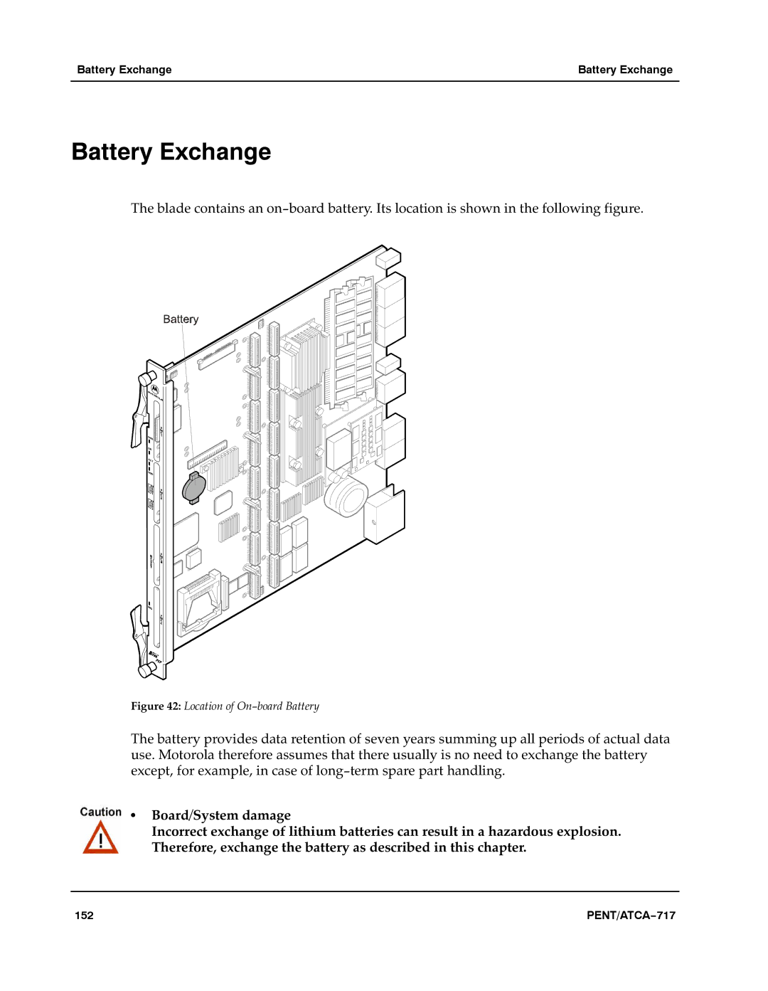 Motorola ATCA-717 manual Battery Exchange, Location of On−board Battery 