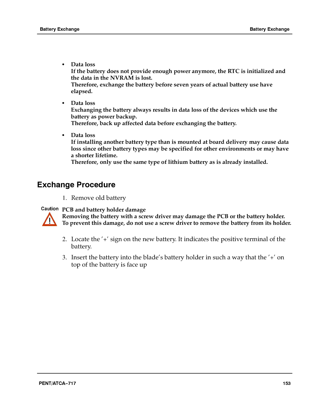 Motorola ATCA-717 manual Exchange Procedure, Remove old battery 