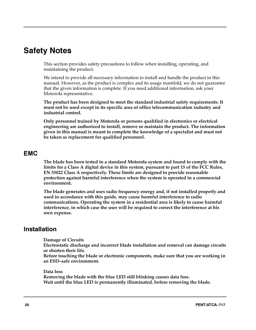 Motorola ATCA-717 manual Safety Notes, Installation 