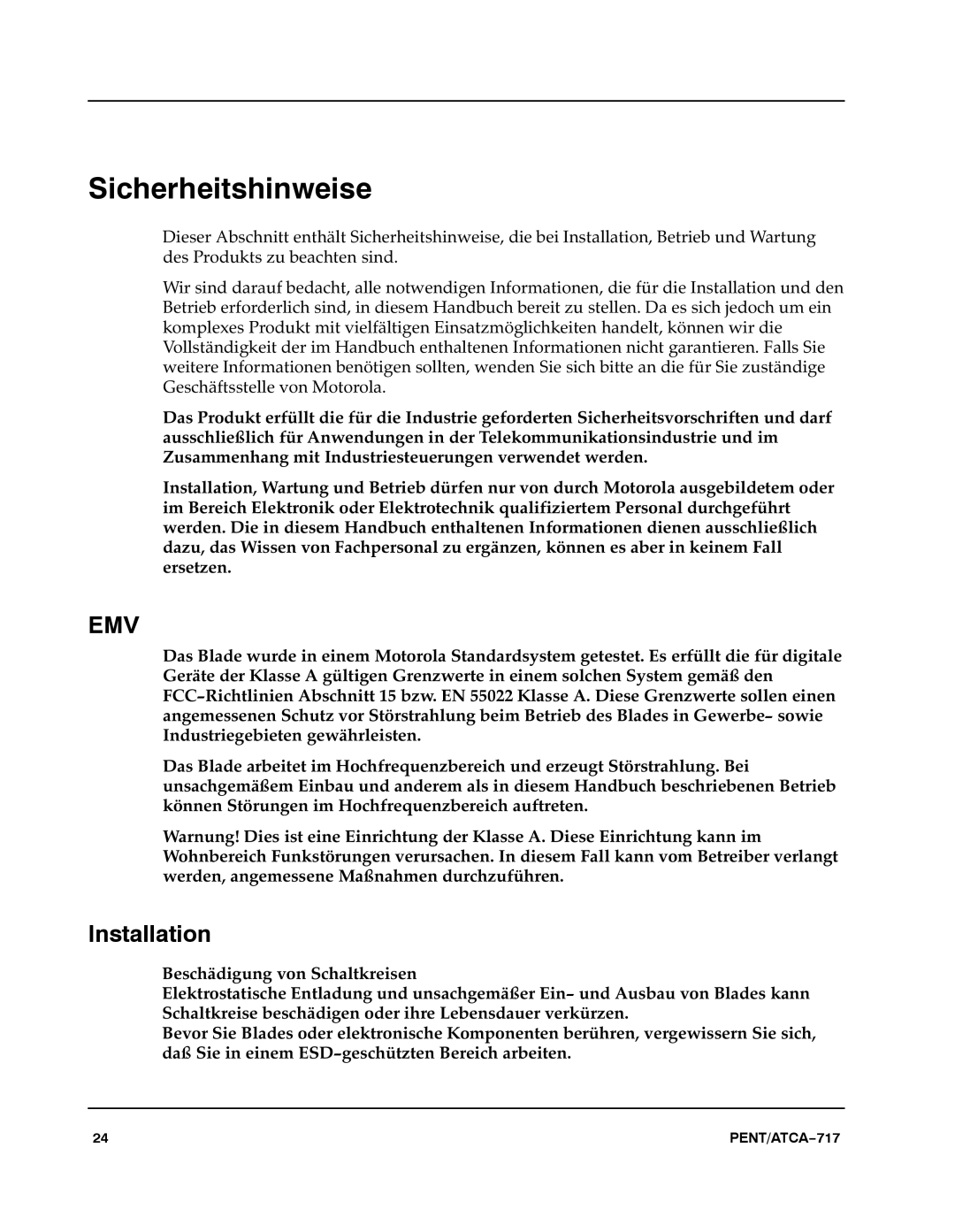 Motorola ATCA-717 manual Sicherheitshinweise, Emv 