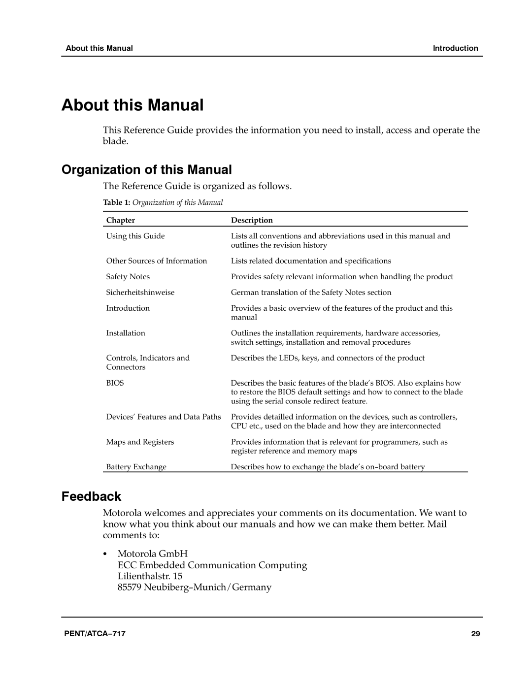 Motorola ATCA-717 manual About this Manual, Organization of this Manual, Feedback 