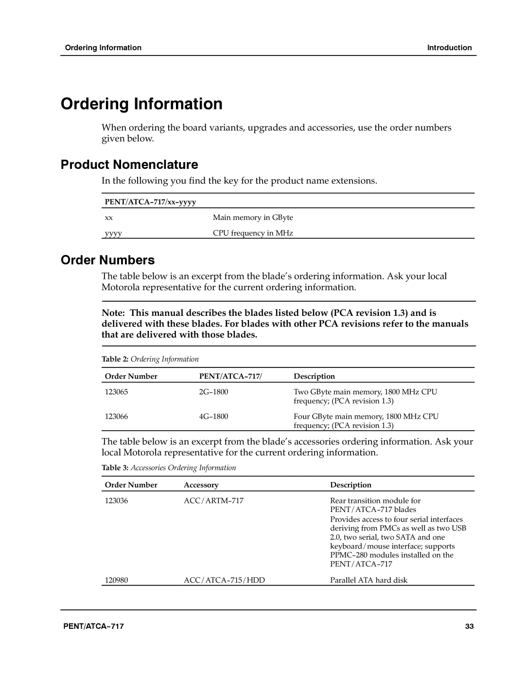 Motorola ATCA-717 manual Ordering Information, Product Nomenclature, Order Numbers 