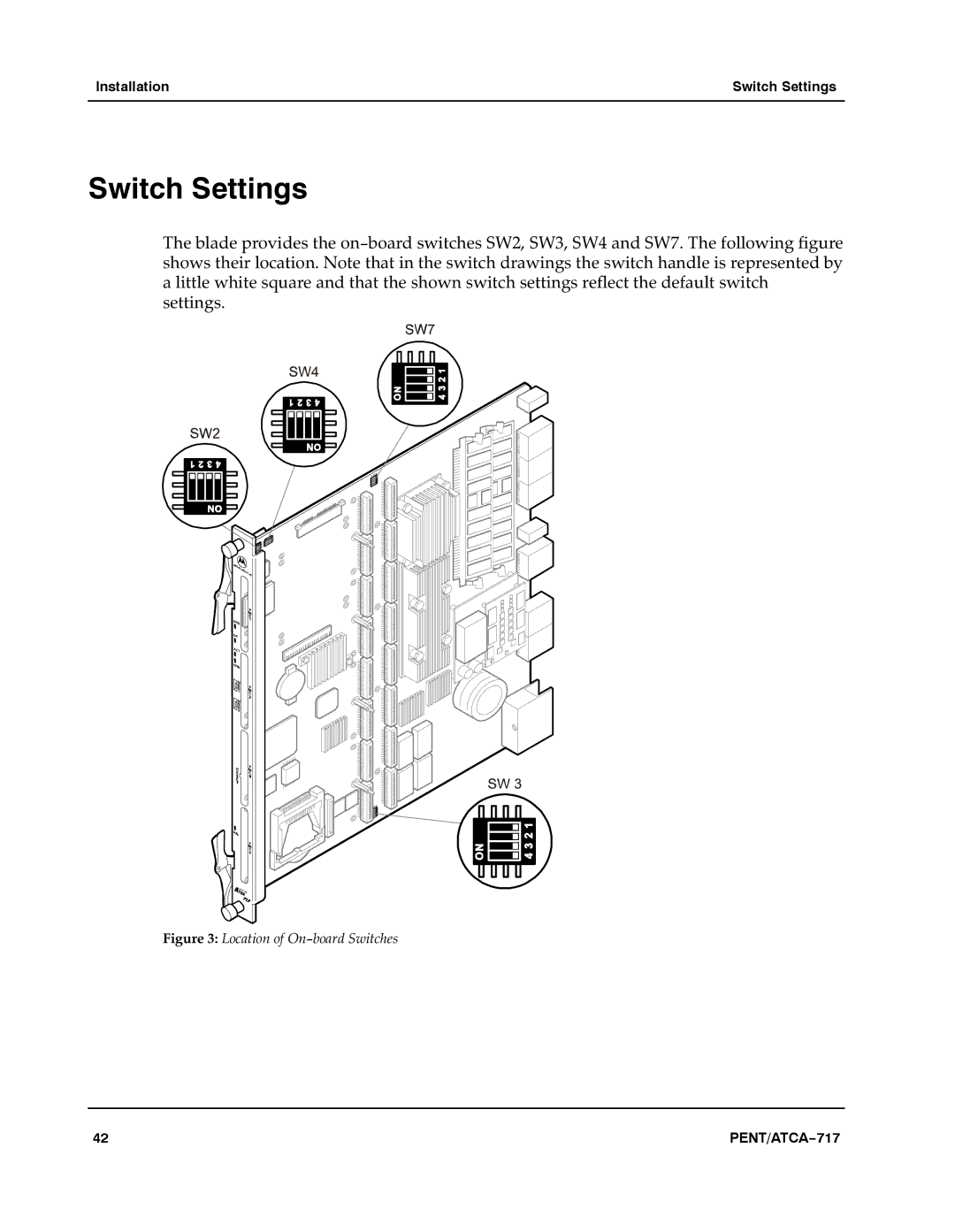 Motorola ATCA-717 manual Switch Settings, Location of On−board Switches 