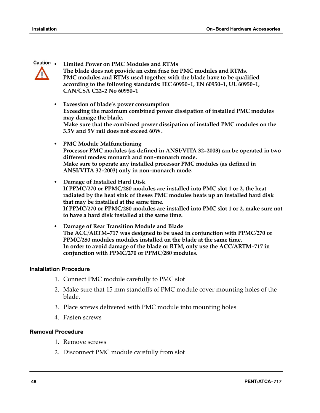 Motorola ATCA-717 manual Installation Procedure, Removal Procedure 