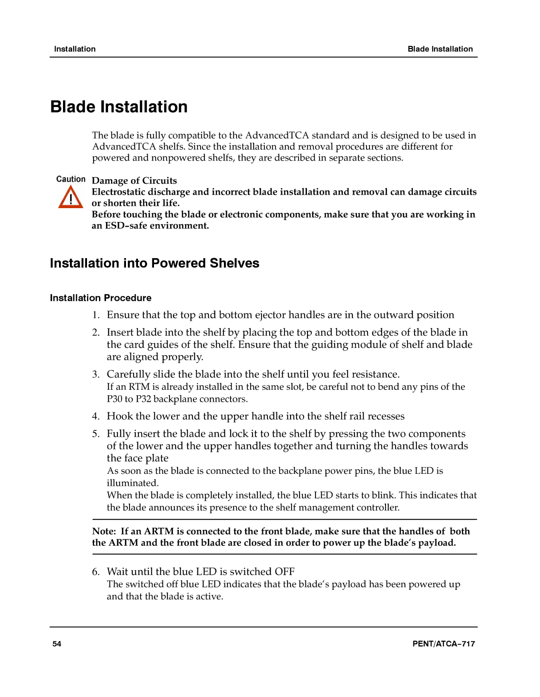 Motorola ATCA-717 manual Blade Installation, Installation into Powered Shelves 