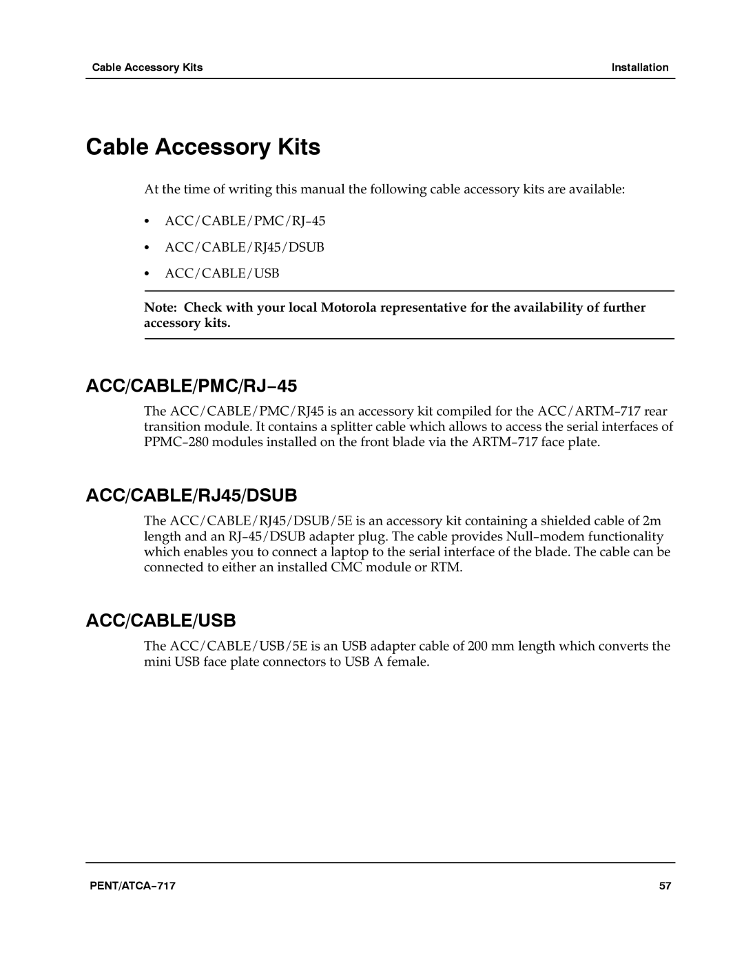 Motorola ATCA-717 manual Cable Accessory Kits, ACC/CABLE/PMC/RJ−45 